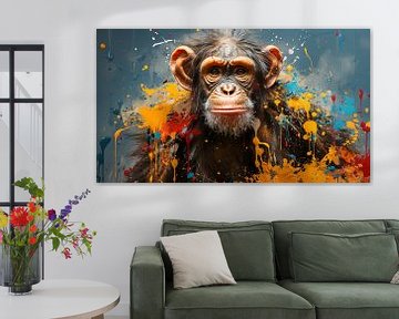 Gemälde eines Affengesichts mit bunten Farbspritzern von Animaflora PicsStock