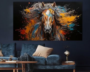 Schilderij van een paardengezicht met kleurrijke verfspatten van Animaflora PicsStock