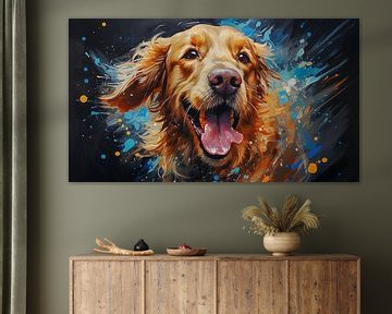 Peinture d'un visage de chien Golden Retriever avec des éclaboussures de peinture colorée sur Animaflora PicsStock