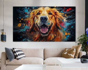 Peinture d'un visage de chien Golden Retriever avec des éclaboussures de peinture colorée sur Animaflora PicsStock