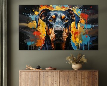 Schilderij van het gezicht van een Dobermann met kleurrijke verfspatten van Animaflora PicsStock