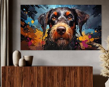 Gemälde eines Schnauzer-Hundegesichts mit bunten Farbspritzern von Animaflora PicsStock