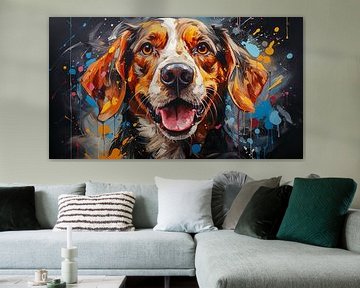 Schilderij van het gezicht van een beaglehond met kleurrijke verfspatten van Animaflora PicsStock