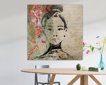 Modern Collage portret van een Aziatische vrouw. Mixed Media. van Studio Pieternel
