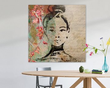 Modern Collage portret van een Aziatische vrouw. Mixed Media.
