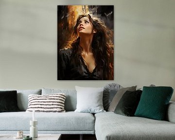 vrouw kijkt in licht getekend portret van PixelPrestige