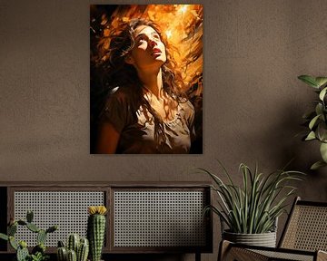 woman looks into lightly drawn portrait by PixelPrestige