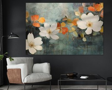 Bloemen in wit, oranje en blauw met een klein gouden accent van Studio Allee