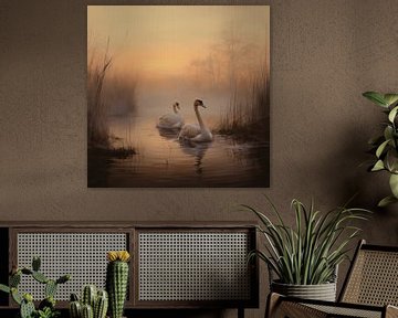 Twee zwanen in een ochtendmist van Karina Brouwer
