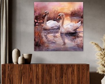 The swans swim side by side. by Karina Brouwer