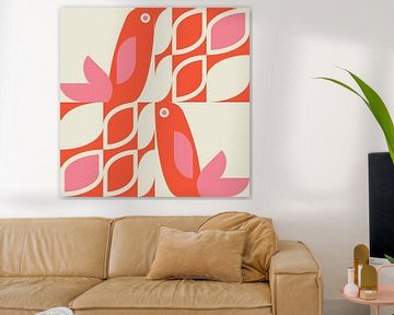 Scandinavian retro. Birds and leaves in red, pink and white by Dina Dankers