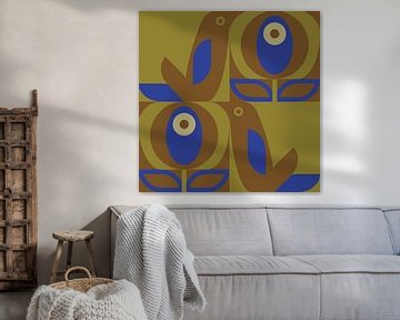 Scandinavian retro. Birds and leaves in cobalt blue, mustard and brown. by Dina Dankers