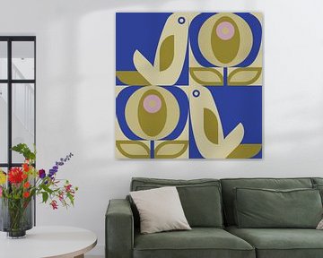 Scandinavian retro. Birds and leaves in cobalt blue, lilac and mustard by Dina Dankers