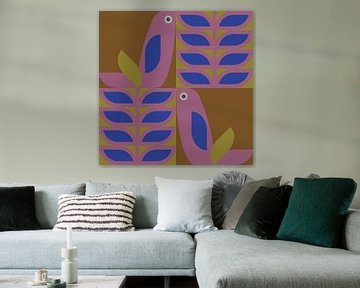 Scandinavian retro. Birds and leaves in lilac, dark gold, mustard and purple by Dina Dankers