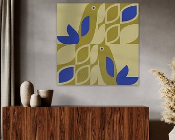 Scandinavian retro. Birds and leaves in mustard and cobalt blue by Dina Dankers