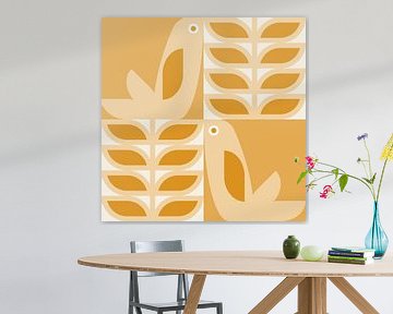 Scandinavian retro. Birds and leaves in natural yellow and white by Dina Dankers