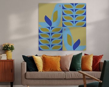 Scandinavian retro. Birds and leaves in mustard color and cobalt blue by Dina Dankers