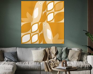 Scandinavian retro. Birds and leaves in yellow, ocher and  white by Dina Dankers