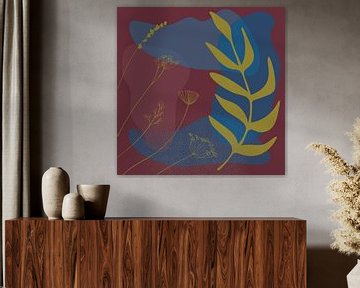 Botanic jazz. Modern abstract in retro cobalt blue, wine red and mustard by Dina Dankers
