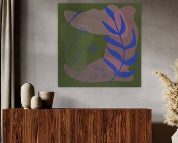 Botanic jazz. Modern abstract in retro cobalt blue, pink and warm green by Dina Dankers