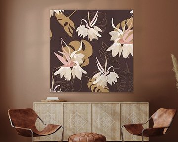 Floraison vintage. Fleurs et feuilles en brun rétro, sable, ocre et rose. sur Dina Dankers