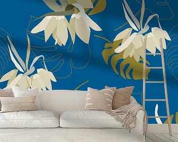 Vintage bloom. Flowers and leaves in retro cobalt blue, mustard and sand by Dina Dankers