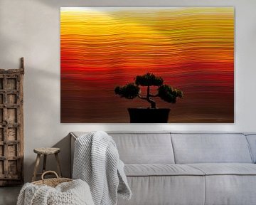 Bonsai met zonsondergang kleuren van Kasper van der Burgh