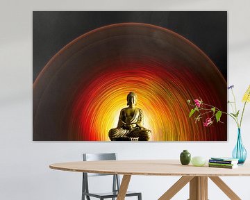 Buddha-Statue mit Hintergrund aus Licht, das einer warmen Sonne ähnelt von Kasper van der Burgh