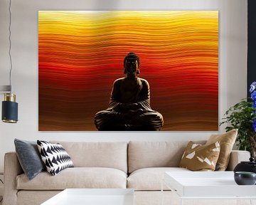 Buddha statue with background made with light effects resembling a sunset by Kasper van der Burgh