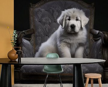 Pyrenese Berghond Puppy zit Prins heerlijk op Baroque stoel. van Karina Brouwer