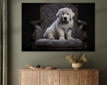 Pyrenese Berghond Puppy zit Prins heerlijk op Baroque stoel. van Karina Brouwer