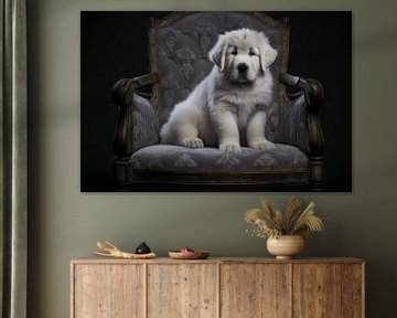 Le chiot est merveilleusement assis sur une chaise baroque. sur Karina Brouwer