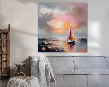 Sailboat at sea between rocks in pink orange and grey by Emiel de Lange