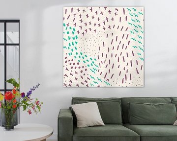 Lines, dots and crosses in pastel and neon in green and wine red by Dina Dankers