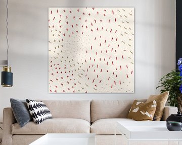 Lines, dots and crosses in pastel and neon in red and ocher by Dina Dankers