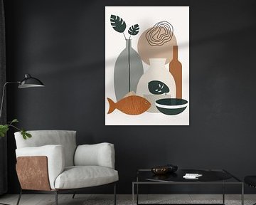Still life with fish and monstera (04) by Sabine Minten
