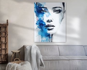 Modern portret in blauw, aquarel van Carla Van Iersel