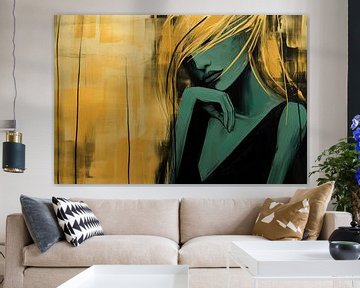 Luxuriöses abstraktes Porträt einer Frau in Gold, Schwarz und Grün von Digitale Schilderijen