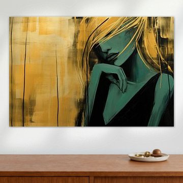 Luxuriöses abstraktes Porträt einer Frau in Gold, Schwarz und Grün von Digitale Schilderijen