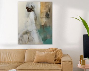 Modern portret in aardetinten met een vleugje goud en groen van Carla Van Iersel