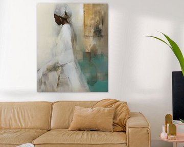 Modernes Porträt in Erdtönen mit einem Hauch von Gold und Grün von Carla Van Iersel