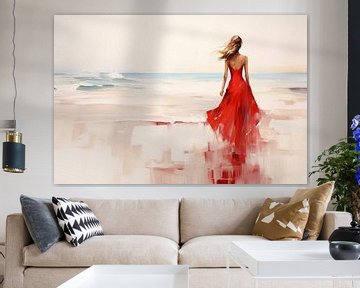 Vrouw op strand in rode jurk