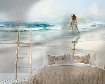 Woman in white dress on the beach by PIX on the wall