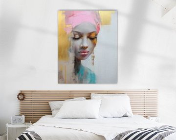 Portrait d'art numérique coloré dans un style collage, rose, bleu et or sur Carla Van Iersel