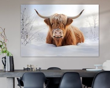 Schotse hooglander ligt in de sneeuw van Digitale Schilderijen