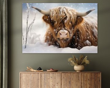 Schotse hooglander portret in de sneeuw van Digitale Schilderijen