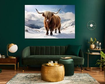 Schotse hooglander in sneeuw landschap van Digitale Schilderijen