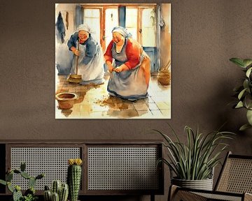 2 sociable ladies scrubbing by De gezellige Dames