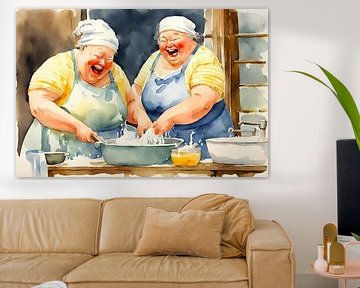 2 sociable ladies have a lot of fun while doing the dishes by De gezellige Dames