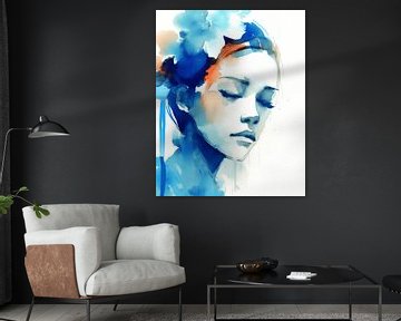 Modernes Porträt einer jungen Frau in Blau von Carla Van Iersel